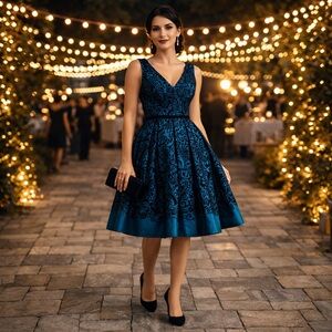 Beige by ECI Teal Black Velvet Scroll A-Line Fit & Flare  Dress Size 6